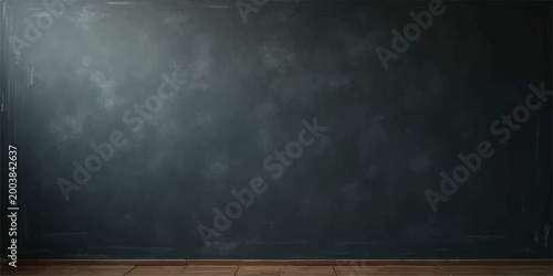 A vintage empty blackboard hangs on a dark grunge wall featuring a black wood texture with faint smoke and chalk patterns for a blank design backdrop