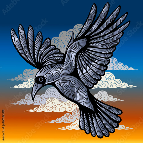 Crow-swooping, doodle style with dramatic gradient colors. Careful layered parts for easy color change and editing.