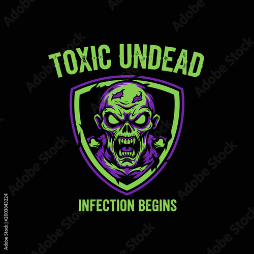 Green zombie head in purple shield.