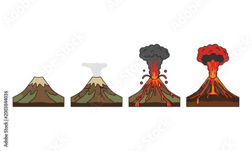 Volcano eruption stages illustration set on white background