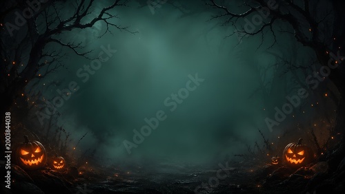 Dark Forest Path with Glowing Pumpkins and Lanterns - Spooky Halloween Night Landscape