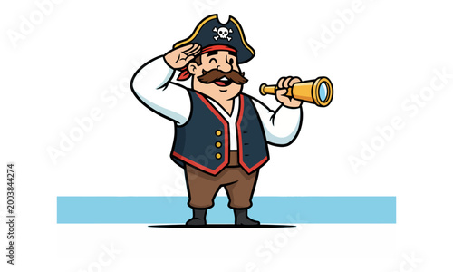 Pirate Captain Saluting and Holding Spyglass Cartoon Vector