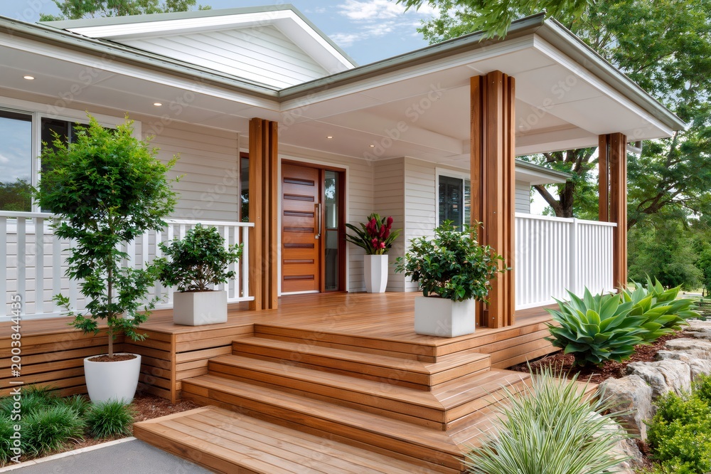 Fototapeta premium Modern house front porch with wooden deck and columns