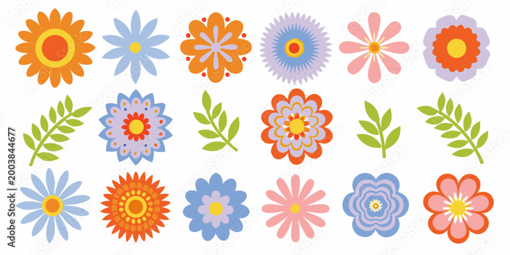 Fototapeta premium Collection of colorful stylized flowers and leaves flat vector illustration on white background high quality