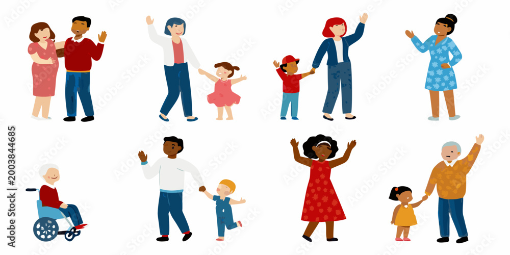 Fototapeta premium Diverse group of eight illustrated characters waving and interacting colorful vector style high quality professional