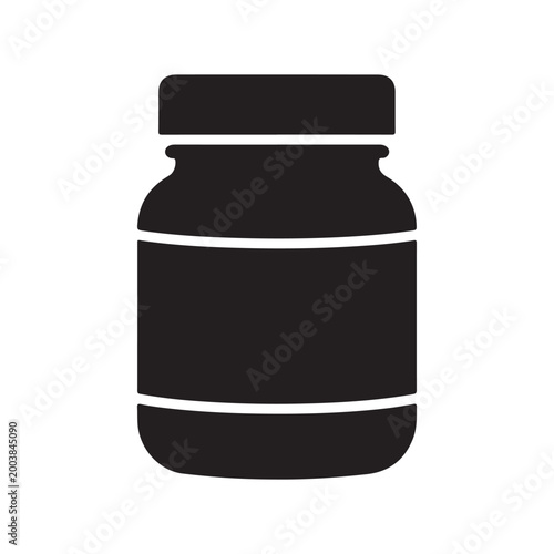 A simple black silhouette icon of a medical pill bottle isolated on a white background design