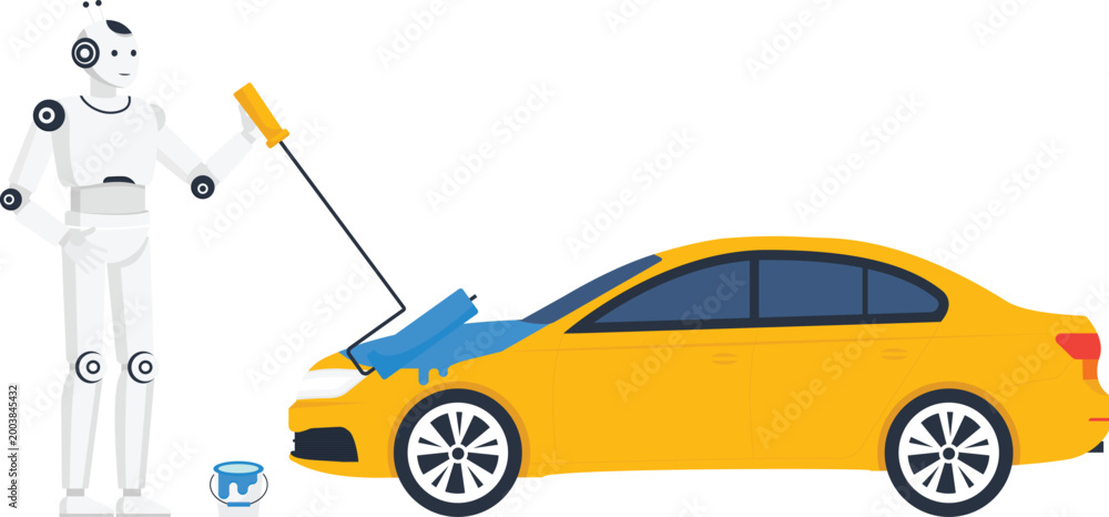 Naklejka premium Humanoid robot painting yellow sedan vehicle automation artificial intelligence auto service future repair industrial maintenance modern engineering paint roller blue paint