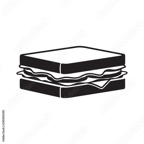 A simple black and white illustration of a stacked sandwich with visible fillings