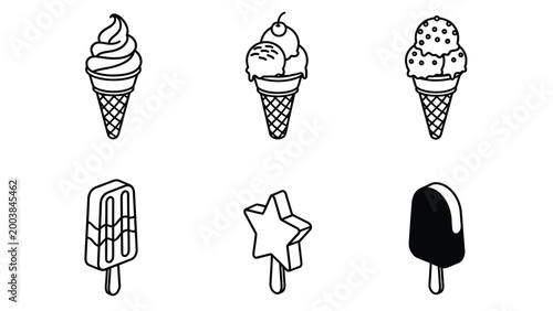 Isometric Ice Cream and Popsicle Icons Set. Sweet Frozen Desserts Line Art Collection.