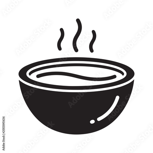 A black and white graphic icon of a steaming bowl of hot soup isolated on a plain white background