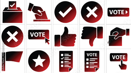 Collection of red and black gradient icons representing voting, democratic elections, ballot boxes, and public opinion symbols.