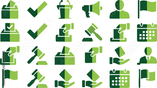 Set of green flat icons representing election processes including voting ballots, boxes, gavels, and government symbols on white background.