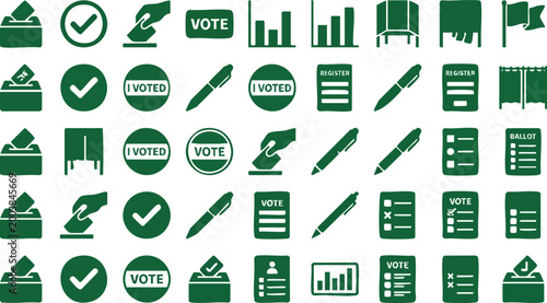A comprehensive collection of green election and voting icons including ballot boxes, forms, and badges for political campaign graphic design.