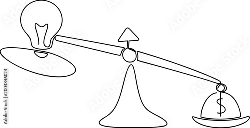 Light bulb on balance scale weighed against dollar sign money finance value concept.