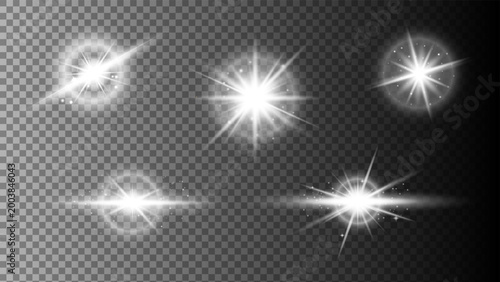 Collection of glowing light flares, sparkles and star effects isolated on transparent background. Perfect for overlays, visual effects, design, and digital compositions.