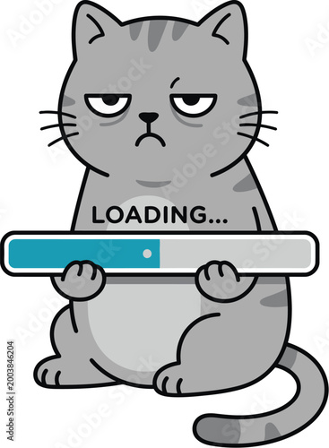 A frustrated cartoon cat holding a loading bar.