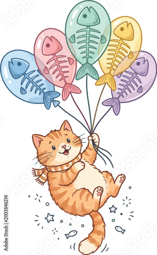 A cartoon orange cat flying with colorful balloons.