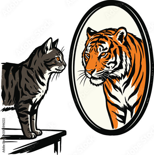 A cat looking at a tiger reflection.