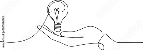 Continuous line art of human hand holding electric light bulb representing new ideas now.