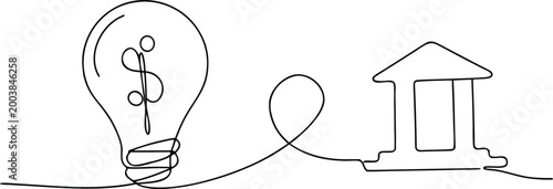 Continuous line art of light bulb with dollar sign connected to bank building structure.