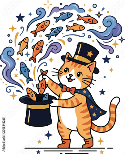Whimsical cat magician with fish hat trick.