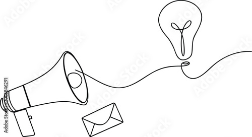 Continuous line art of megaphone and envelope connected to light bulb on transparent background.