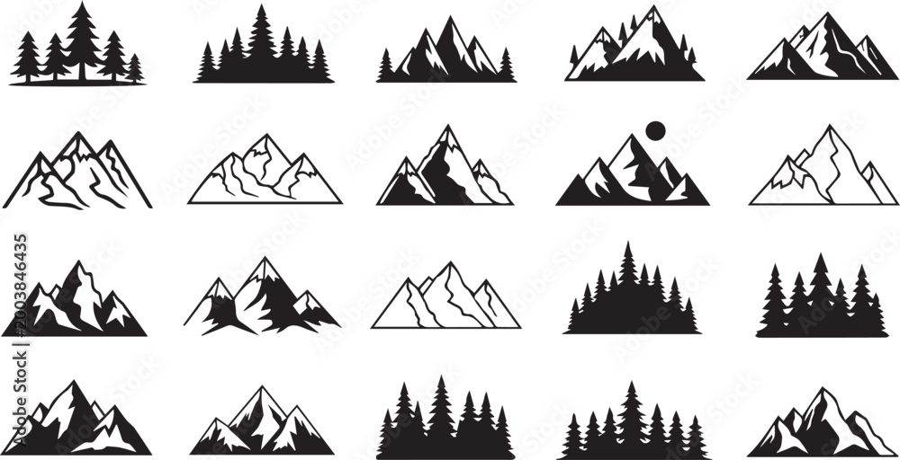 Fototapeta premium Majestic Mountain Silhouettes: A collection of various silhouette illustrations of majestic mountains.