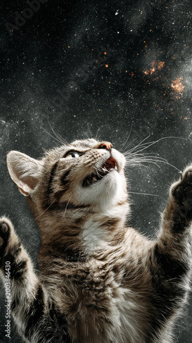 Cool Cat Looking Ecstatic in Funny Pose with Colorful Outer Space Galaxy Background
