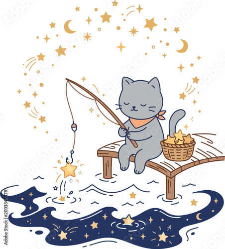 A cartoon cat fishing under starry night sky.