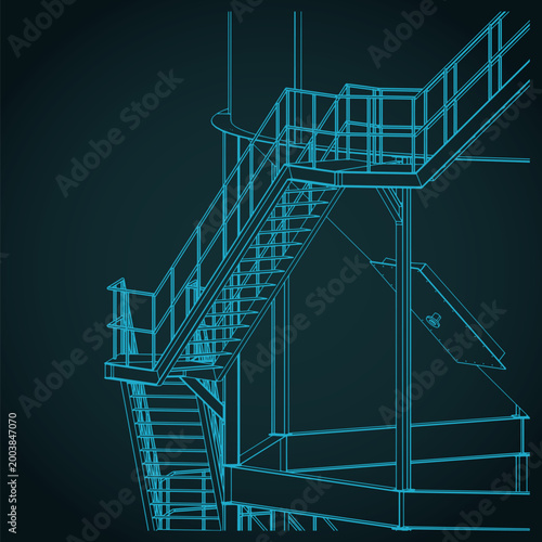 Industrial bulk flaky cement silo close-up isometric blueprint