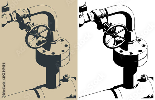 Industrial pipeline with manual valve close up isometric illustrations