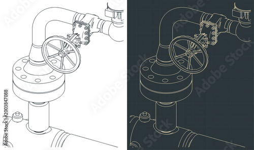 Industrial pipeline with manual valve isometric blueprints