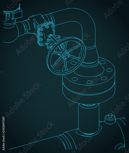 Industrial pipeline with manual valve isometric blueprint
