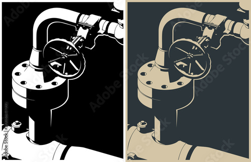Industrial pipeline with manual valve close-up isometric illustrations
