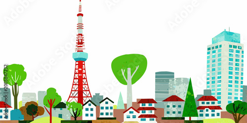 Foto Stylized illustration of a city skyline with a prominent television tower and bu