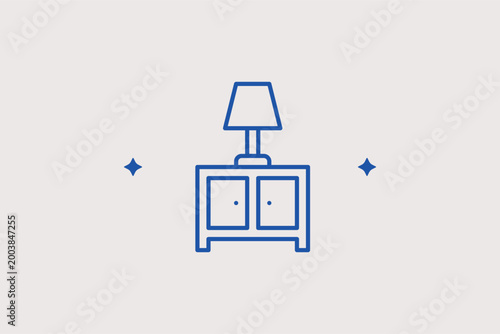Nightstand with lamp line icon for symmetrical bedroom design and evening lighting setups. Clean vector illustration for guest house amenity lists and home furnishing e-commerce stores.