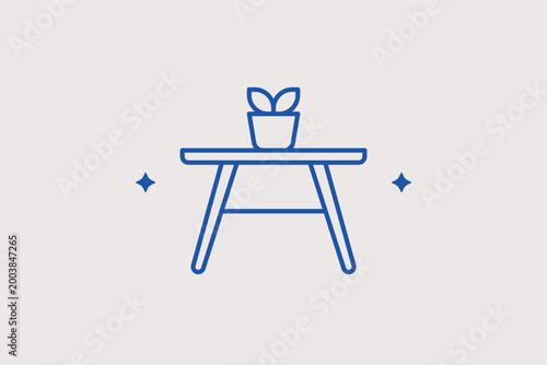 Coffee table with plant line icon for lounge area decoration and minimalist living room styles. Natural vector illustration for interior design portfolios and houseplant care websites.