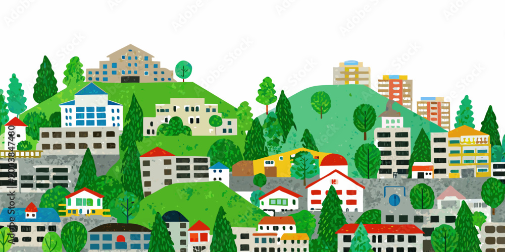 Fototapeta premium Colorful hillside town illustration with buildings and trees whimsical watercolor style high quality professional detailed