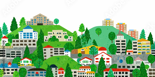 Foto Colorful hillside town illustration with buildings and trees whimsical watercolo