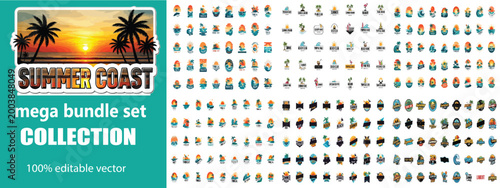 Summer Coast mega bundle set collection, tropical beach vacation icons, colorful flat vector elements for travel and holiday design projects