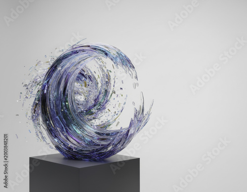 Abstract wave digital ocean frozen movement ambiguity lens light glass swirl sculpture blue violet transparent shards pedestal, clean studio background, modern minimal design with dynamic motion