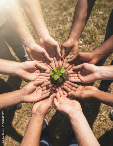 Hands seedling plant soil teamwork diversity community environmental growth support closeup group circle holding young seedling with soil outdoors, symbolizing unity, cooperation, sustainability