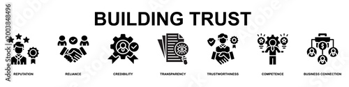 Building Tust Banner Web Icon Vector Illustration Concept for Business with Icons of Reputation, Reliance,Credibility, Transparency, Trustworthiness, competence and Business Connection