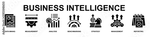 Business Intellegence Banner Web Icon Vector Illustration Concept for Business with Icons of Data Mining, Measurement, Analysis, Benchmarking, Strategy, Management and Reporting