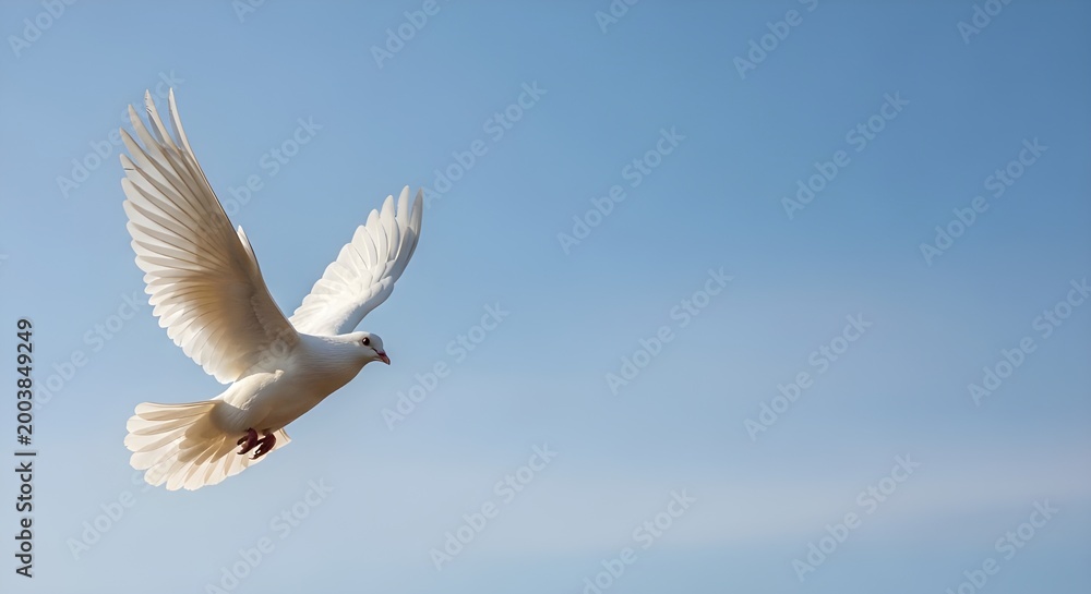 Obraz premium Bird flying in clear blue sky with wings spread wide, freedom concept, minimal background, natural lighting, high detail, ultra HD