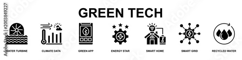 Green Tech Banner Web Icon Vector Illustration Concept for Business with Icons of Water Turbine ,Climate Data ,Green App ,Energy Star ,Smart Home ,Smart Grid and Recycled Water