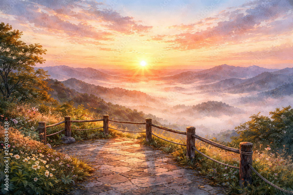 Obraz premium Scenic Observation Deck Overlooking Misty Mountain Valley at Sunrise