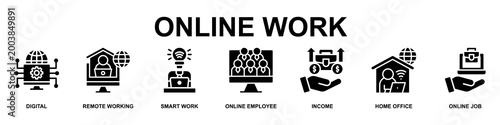 Online Work Banner Web Icon Vector Illustration Concept for Business with Icons of Digital, Remote Working, Smart Work, Online Employee, Income, Home Office and Online Job