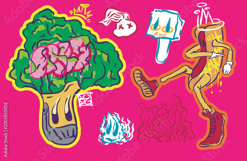Vector illustration character of broccoli and hot dog  and other little character. With graffiti style.