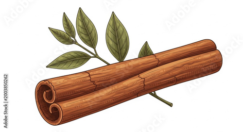 Fotografía Cinnamon Sticks and Leaves Isolated on White Background.
